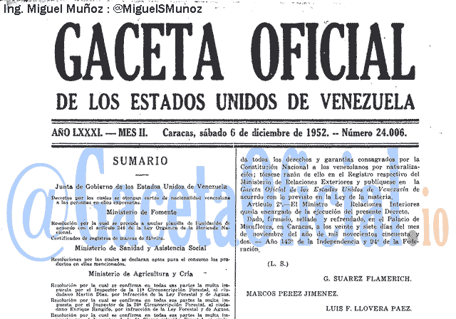 Gaceta Oficial 24006 del 6 Diciembre 1952
