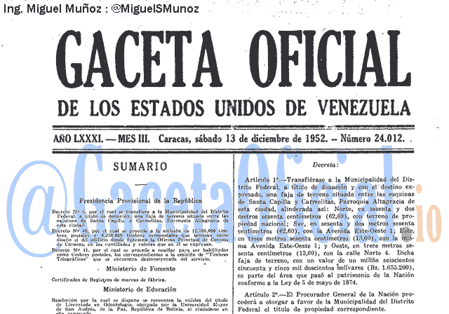 Gaceta Oficial 24012 del 13 Diciembre 1952