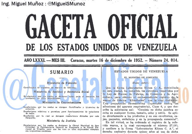 Gaceta Oficial 24014 del 16 Diciembre 1952