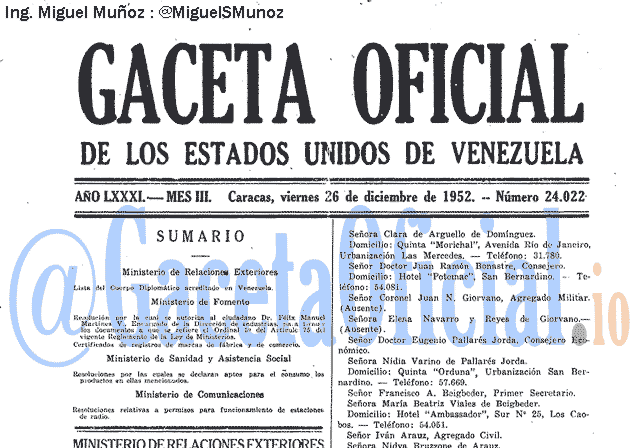 Gaceta Oficial 24022 del 26 Diciembre 1952