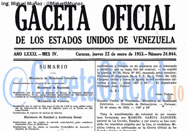 Gaceta Oficial 24044 del 22 Enero 1953