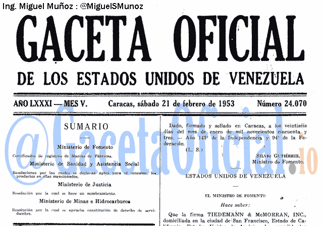 Gaceta Oficial 24070 del 21 Febrero 1953
