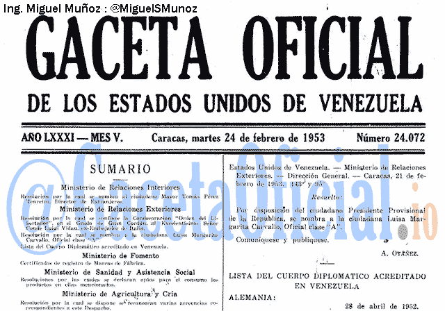 Gaceta Oficial 24072 del 24 Febrero 1953