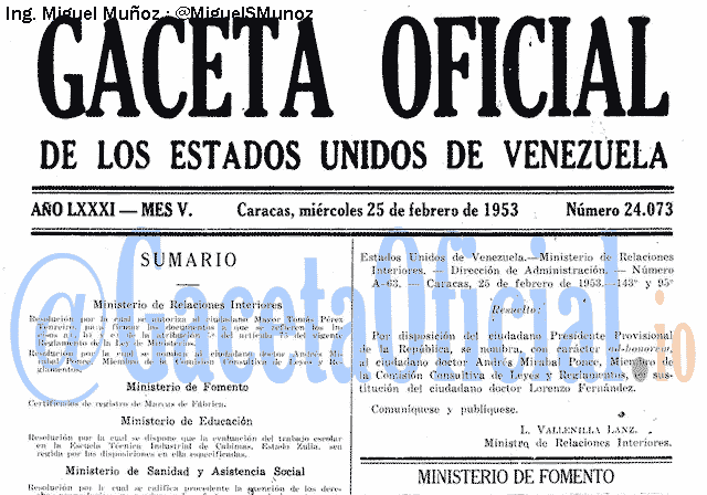 Gaceta Oficial 24073 del 25 Febrero 1953