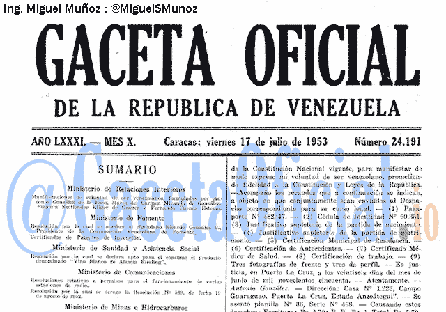 Gaceta Oficial 24191 del 17 Julio 1953