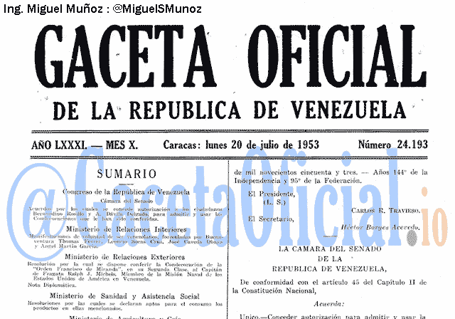 Gaceta Oficial 24193 del 20 Julio 1953