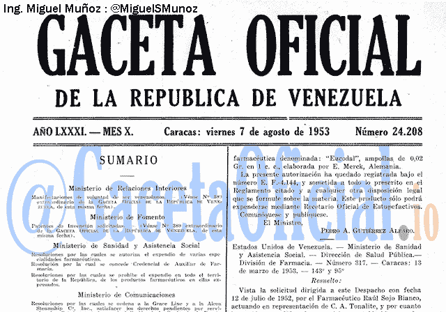 Gaceta Oficial 24208 del 7 Agosto 1953