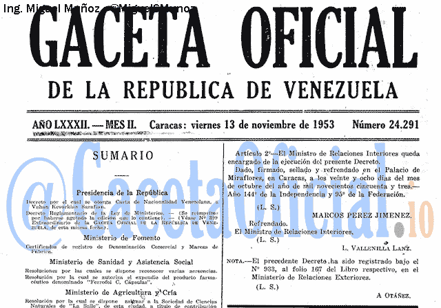 Gaceta Oficial 24291 del 13 Noviembre 1953
