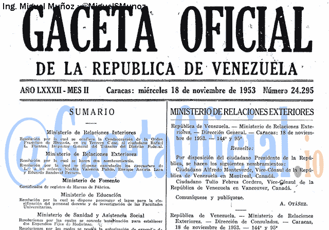 Gaceta Oficial 24295 del 18 Noviembre 1953