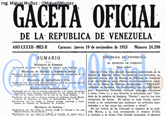 Gaceta Oficial 24296 del 19 Noviembre 1953