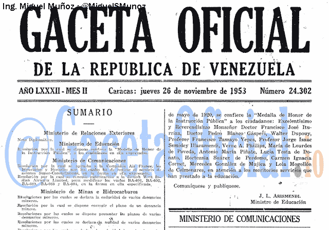 Gaceta Oficial 24302 del 26 Noviembre 1953