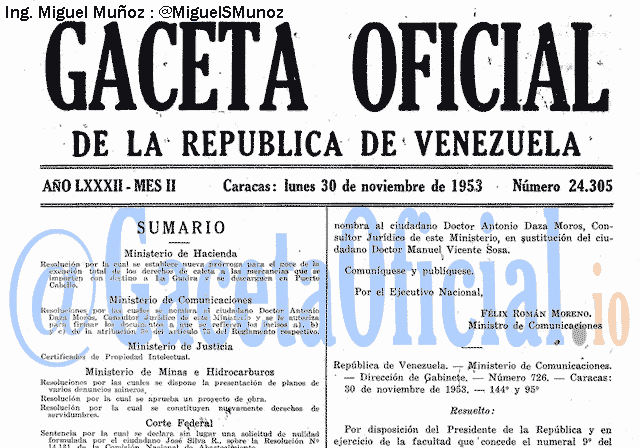 Gaceta Oficial 24305 del 30 Noviembre 1953