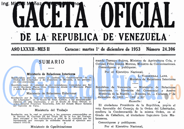 Gaceta Oficial 24306 del 1 Diciembre 1953