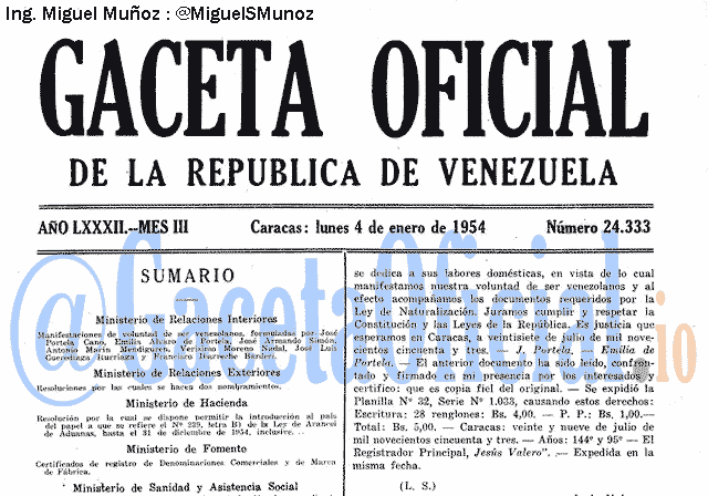 Gaceta Oficial 24333 del 4 Enero 1954