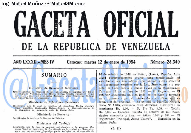Gaceta Oficial 24340 del 12 Enero 1954