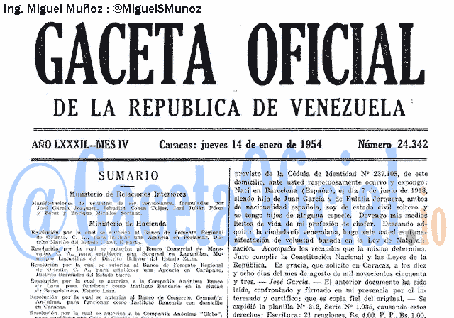 Gaceta Oficial 24342 del 14 Enero 1954