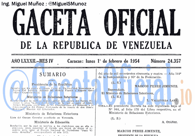 Gaceta Oficial 24357 del 1 Febrero 1954