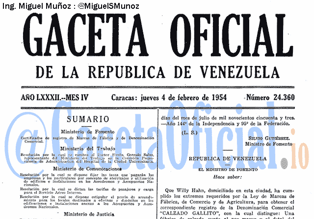 Gaceta Oficial 24360 del 4 Febrero 1954