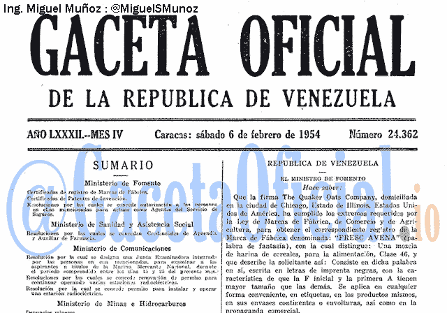 Gaceta Oficial 24362 del 6 Febrero 1954