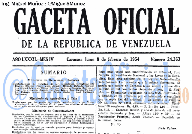 Gaceta Oficial 24363 del 8 Febrero 1954