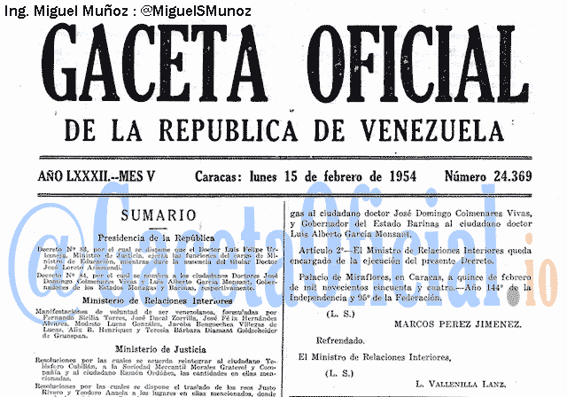 Gaceta Oficial 24369 del 15 Febrero 1954