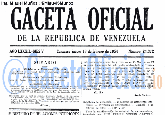 Gaceta Oficial 24372 del 18 Febrero 1954