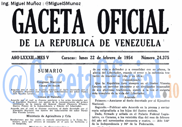 Gaceta Oficial 24375 del 22 Febrero 1954