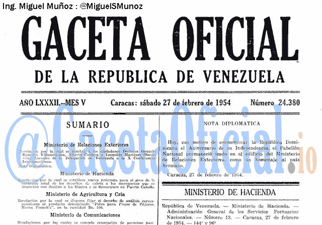 Gaceta Oficial 24380 del 27 Febrero 1954