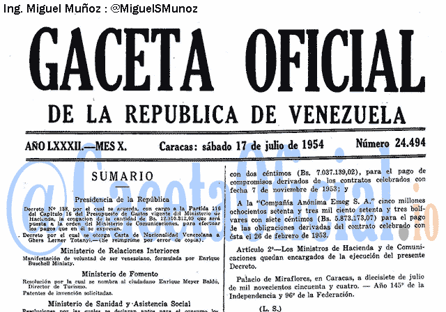 Gaceta Oficial 24494 del 17 Julio 1954