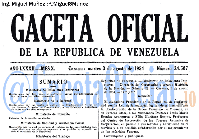 Gaceta Oficial 24507 del 3 Agosto 1954