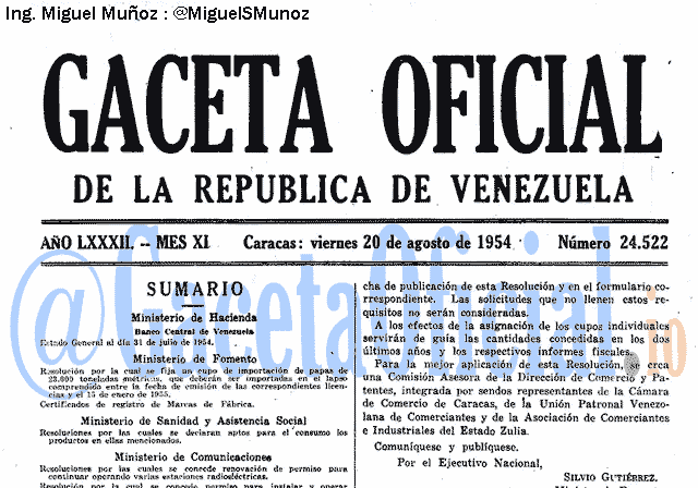 Gaceta Oficial 24522 del 20 Agosto 1954