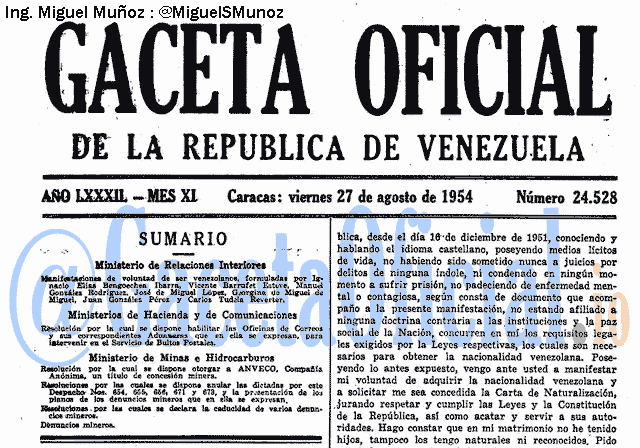 Gaceta Oficial 24528 del 27 Agosto 1954