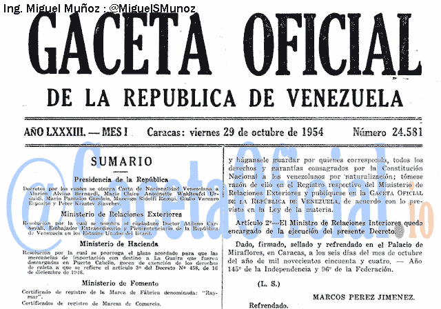Gaceta Oficial 24581 del 29 Octubre 1954