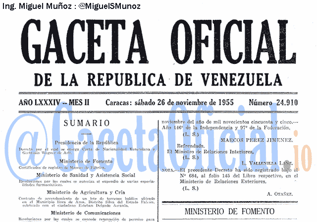 Gaceta Oficial 24910 del 26 Noviembre 1955
