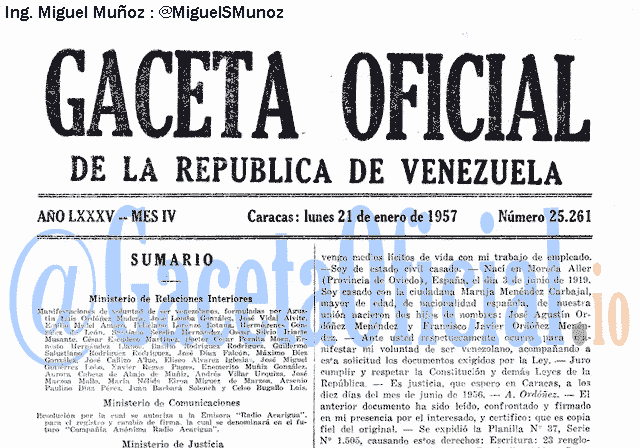 Gaceta Oficial 25261 del 21 Enero 1957