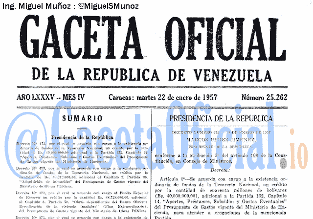 Gaceta Oficial 25262 del 22 Enero 1957