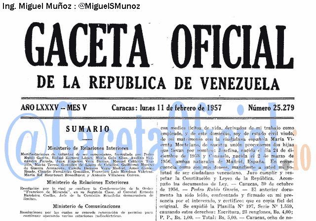 Gaceta Oficial 25279 del 11 Febrero 1957