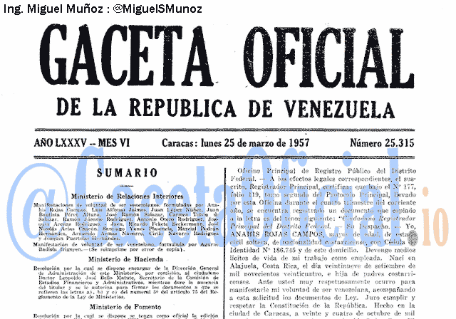 Gaceta Oficial 25315 del 25 Marzo 1957