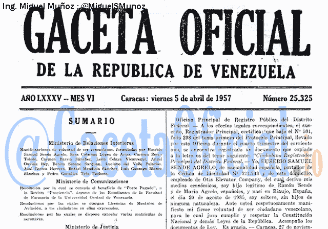 Gaceta Oficial 25325 del 5 Abril 1957