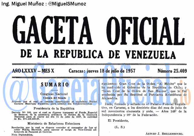 Gaceta Oficial 25409 del 18 Julio 1957