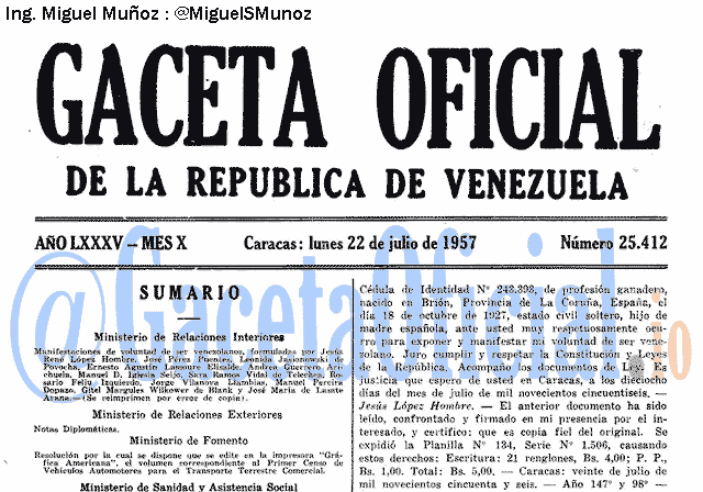 Gaceta Oficial 25412 del 22 Julio 1957