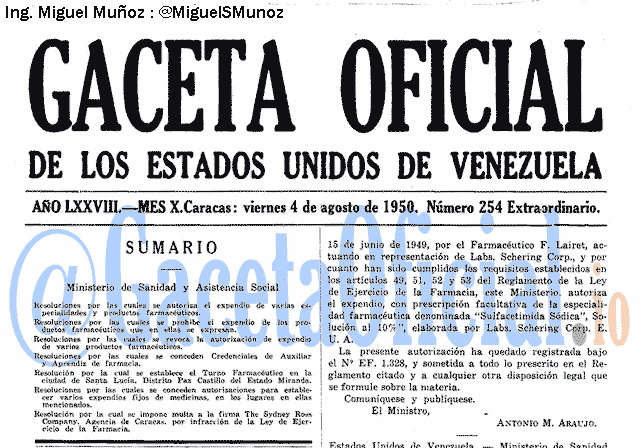 Gaceta Oficial 254 del 4 Agosto 1950