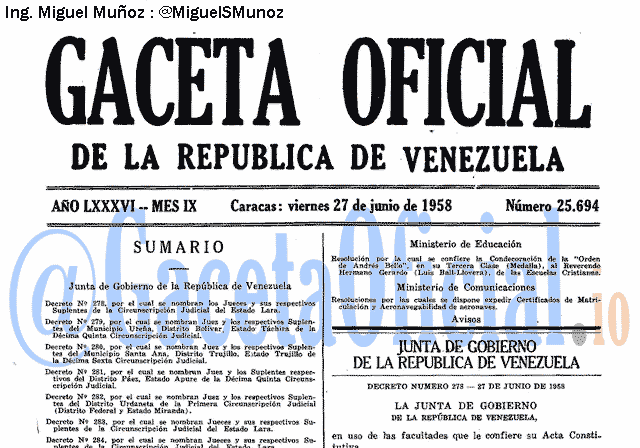 Gaceta Oficial 25694 del 27 Junio 1958