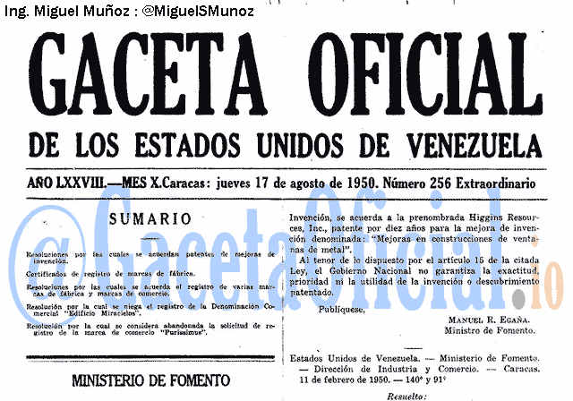 Gaceta Oficial 256 del 17 Agosto 1950