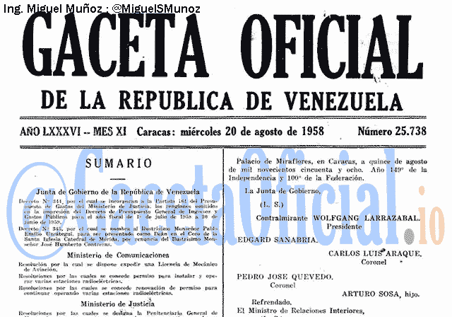 Gaceta Oficial 25738 del 20 Agosto 1958