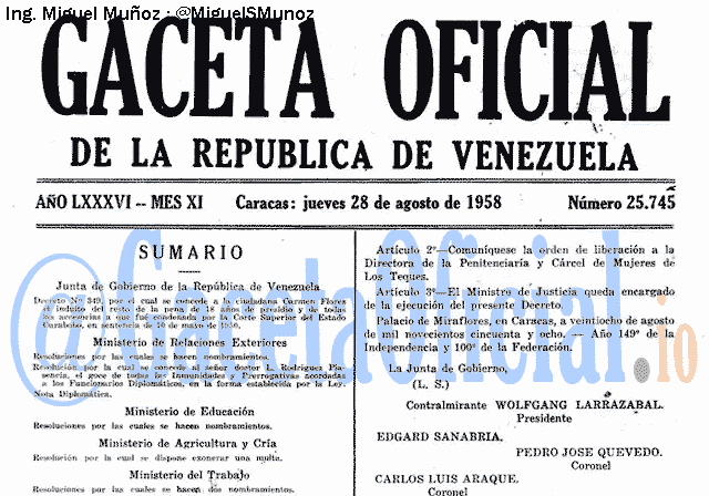 Gaceta Oficial 25745 del 28 Agosto 1958