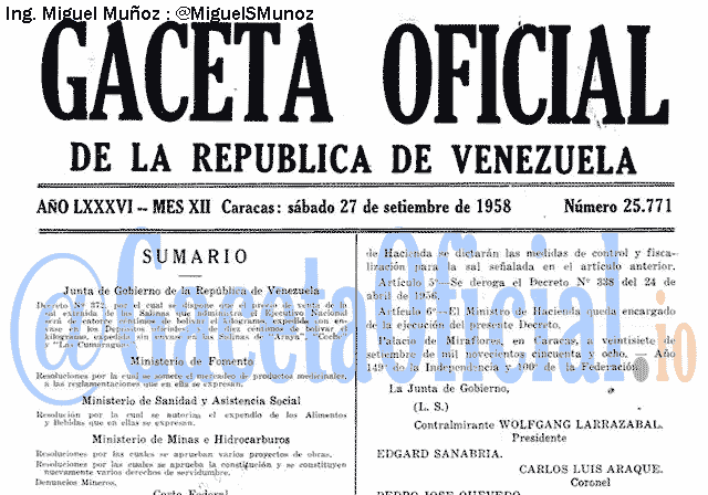 Gaceta Oficial 25771 del 27 Septiembre 1958