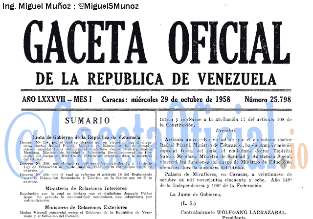 Gaceta Oficial 25798 del 29 Octubre 1958