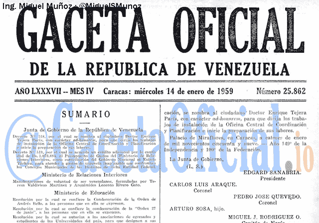Gaceta Oficial 25862 del 14 Enero 1959