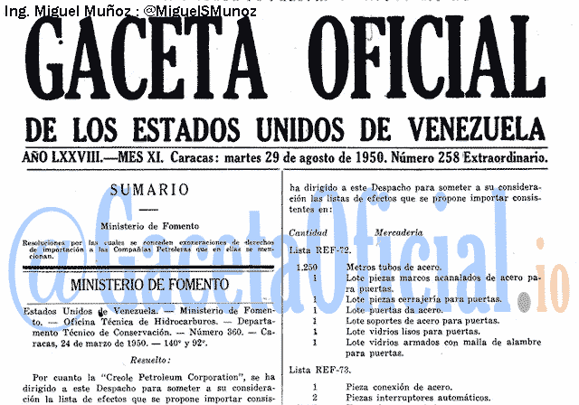 Gaceta Oficial 258 del 29 Agosto 1950